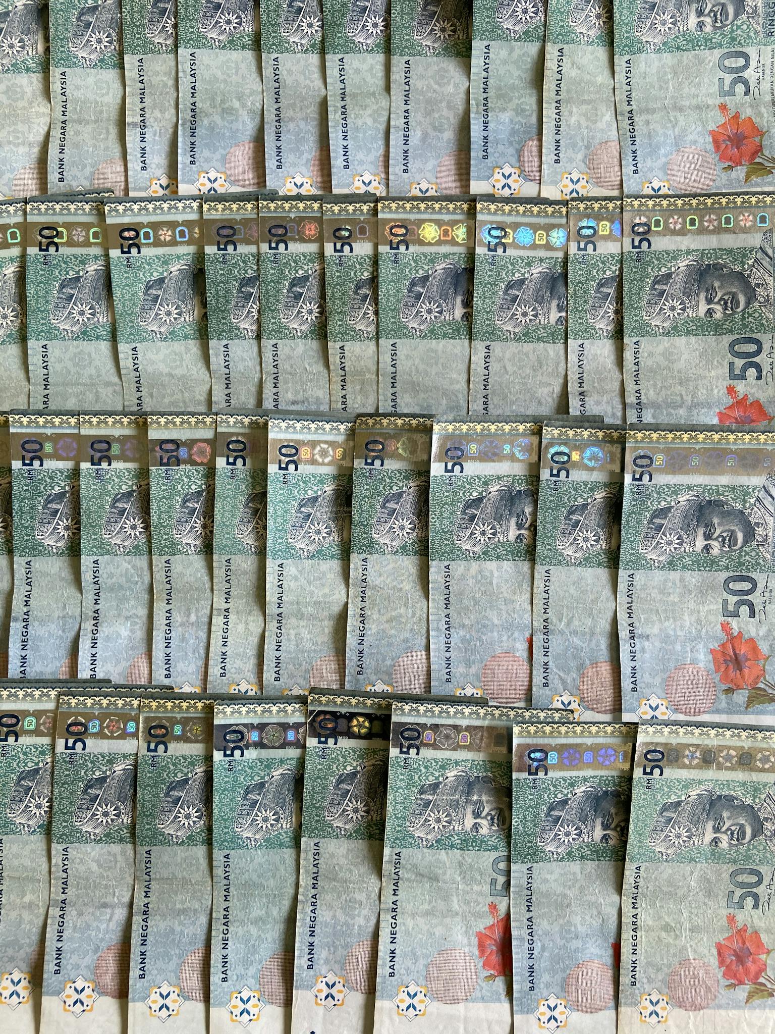 Close-up view of arranged Malaysian ringgit notes, perfect for finance themes.